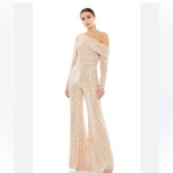 MAC DUGGAL Women’s Light Gold Sequin Off Shoulder Wide Leg Jumpsuit Size 4
